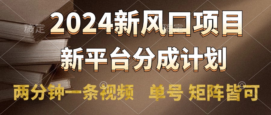 2024风口项目，新平台分成计划，两分钟一条视频，单号轻松上手月入9000+-网赚资源网
