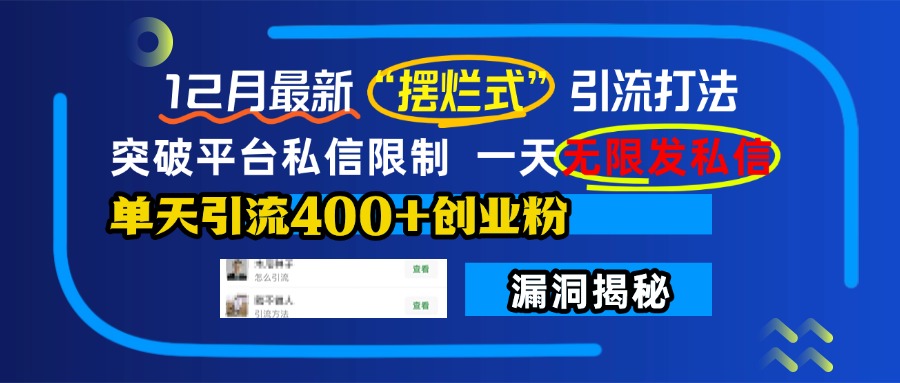 12月最新“摆烂式”引流打法，突破平台私信限制，一天无限发私信，单天引流400+创业粉！-网赚资源网