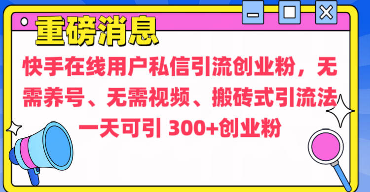 通过给快手在线用户私信引流创业粉，无需养号、无需视频、搬砖式引流法，一天可引300+创业粉-网赚资源网