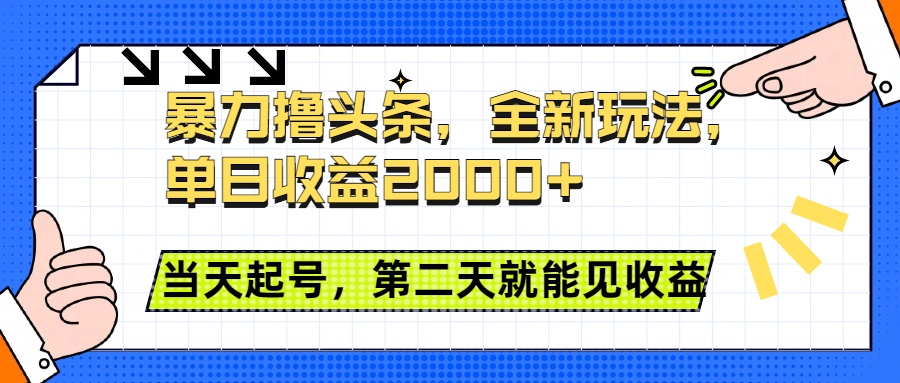 暴力撸头条全新玩法，单日收益2000+，小白也能无脑操作，当天起号，第二天见收益-网赚资源网