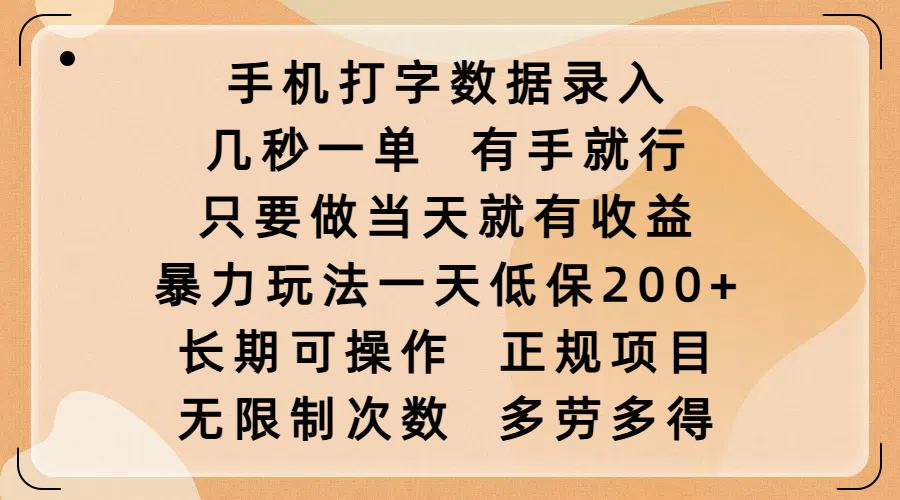 手机打字数据录入，几秒一单，有手就行，只要做当天就有收益，暴力玩法一天低保200+，长期可操作，正规项目，无限制次数，多劳多得-网赚资源网