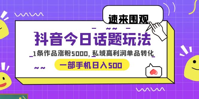 【副业项目6337期】抖音今日话题玩法，1条作品涨粉5000，私域高利润单品转化 一部手机日入500-网赚资源网