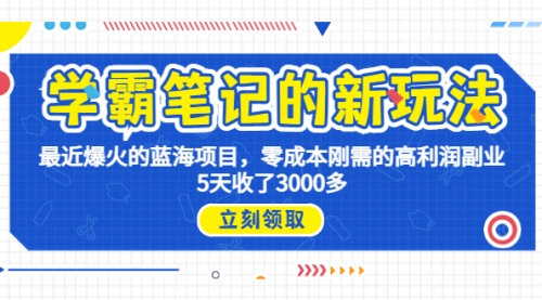 【副业项目7030期】学霸笔记新玩法，最近爆火的蓝海项目，0成本高利润副业，5天收了3000多-网赚资源网