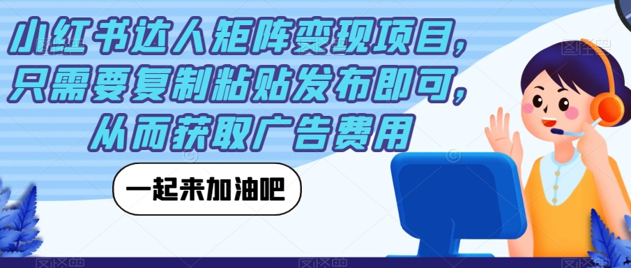 【副业项目7610期】小红书达人矩阵变现项目，只需要复制粘贴发布即可，从而获取广告费用-网赚资源网