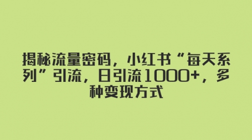 【副业项目8381期】揭秘流量密码，小红书“每天系列”引流，日引流1000+，多种变现方式-网赚资源网
