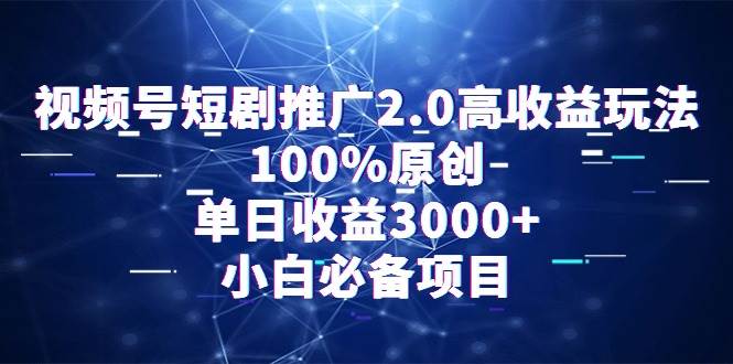 视频号短剧推广2.0高收益玩法，100%原创，单日收益3000+，小白必备项目-网赚资源网