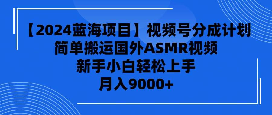 【2024蓝海项目】视频号分成计划，无脑搬运国外ASMR视频，新手小白轻松…-网赚资源网