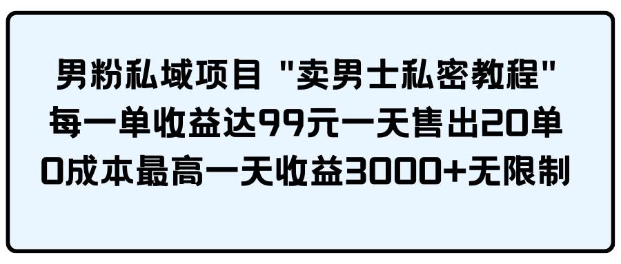 男粉私域项目 卖男士私密教程 每一单收益达99元一天售出20单-网赚资源网