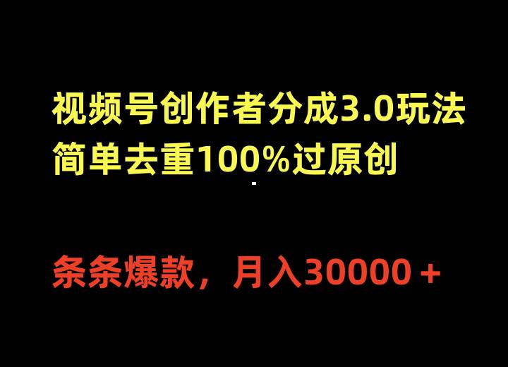 视频号创作者分成3.0玩法，简单去重100%过原创，条条爆款，月入30000＋-网赚资源网