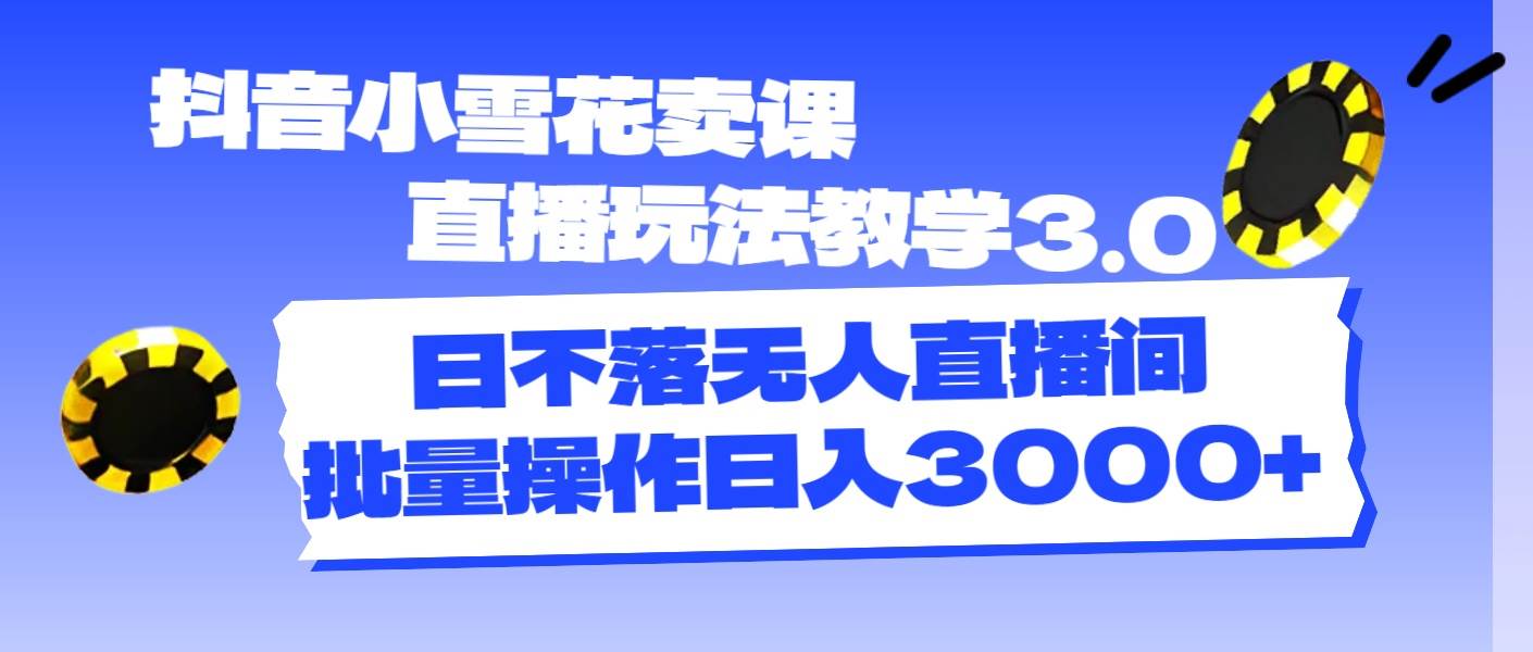抖音小雪花卖课直播玩法教学3.0，日不落无人直播间，批量操作日入3000+-网赚资源网