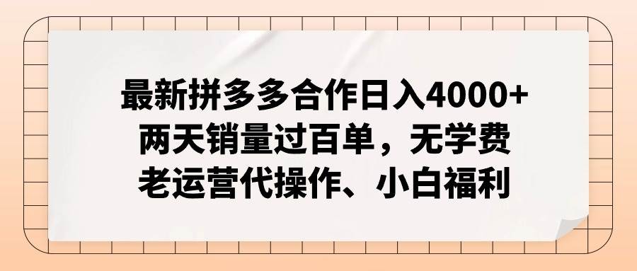 最新拼多多合作日入4000+两天销量过百单，无学费、老运营代操作、小白福利-网赚资源网