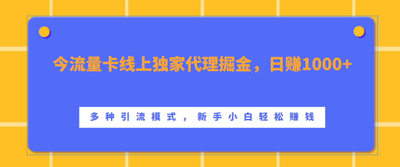 流量卡线上独家代理掘金，日赚1000+ ，多种引流模式，新手小白轻松赚钱-网赚副业网