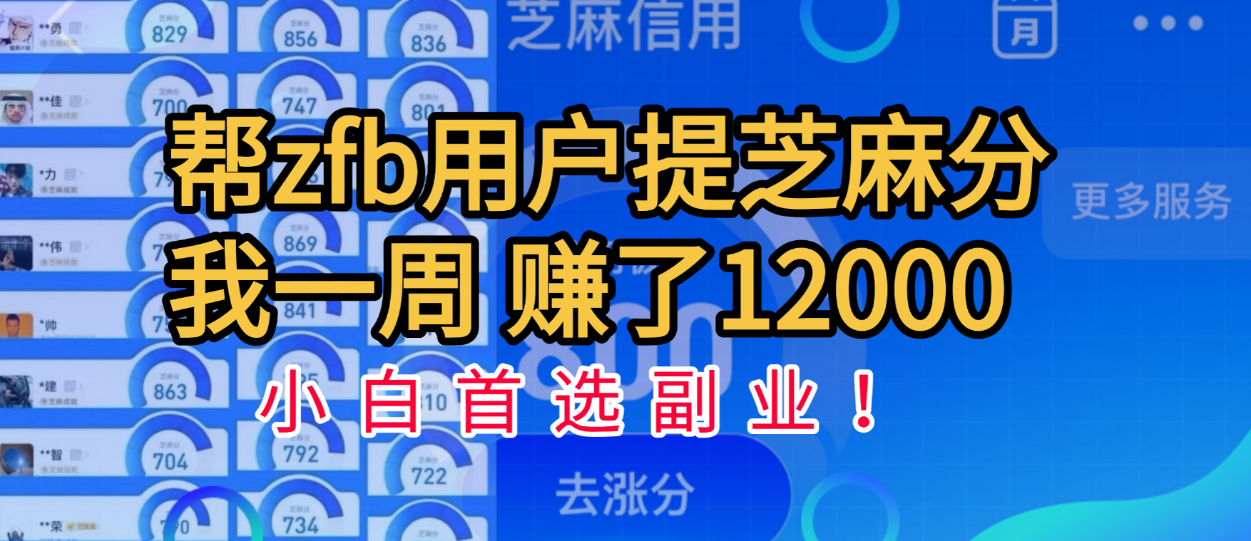 帮支付宝用户提升芝麻分,一周赚了一万二!小白首选副业!-网赚副业网
