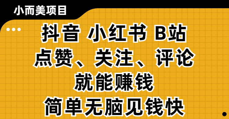小而美的项目，抖音、小红书、B站视频点赞、关注、评论就能赚钱，简单无脑立见收益！妥妥的零撸项目-网赚副业网
