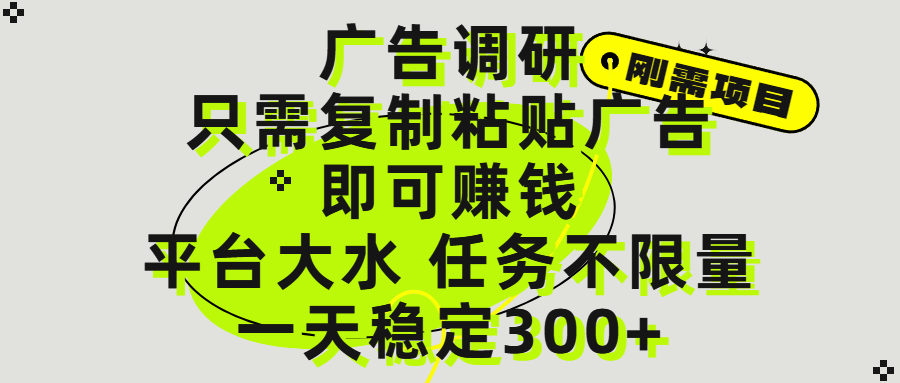 广告调研项目，只需复制粘贴广告即可赚钱，平台大水，任务不限量，一天300+-网赚资源网