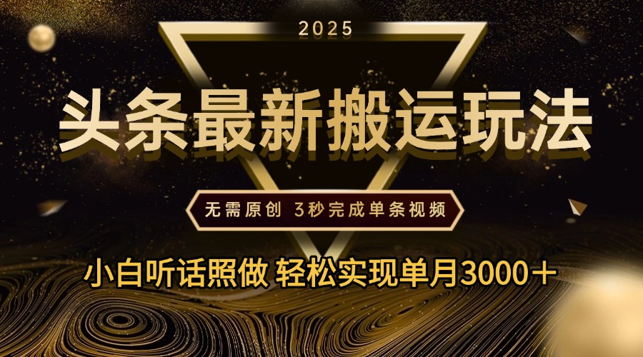2025年今日头条最新搬运玩法，无需原创3秒完成视频轻松实现单月3000＋-网赚资源网