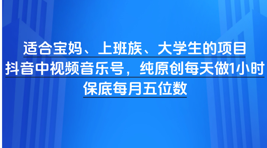 适合宝妈、上班族、大学生的项目，抖音中视频音乐号，纯原创每天做1小时，保底每月五位数-网赚资源网