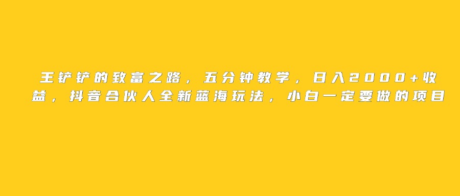 王铲铲的致富之路，日入2000+收益，五分钟教学，抖音合伙人全新蓝海玩法，小白一定要做的项目-网赚资源网