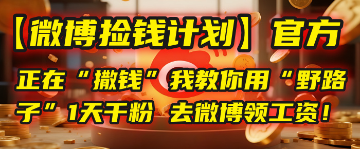 【微博捡钱计划】官方正在“撒钱”，我教你用“野路子”1天千粉，去微博领工资！-网赚资源网