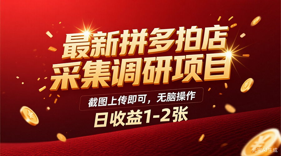 最新拼多多拍店采集调研项目，截图上传即可，无脑操作，日收益1-2张-网赚资源网