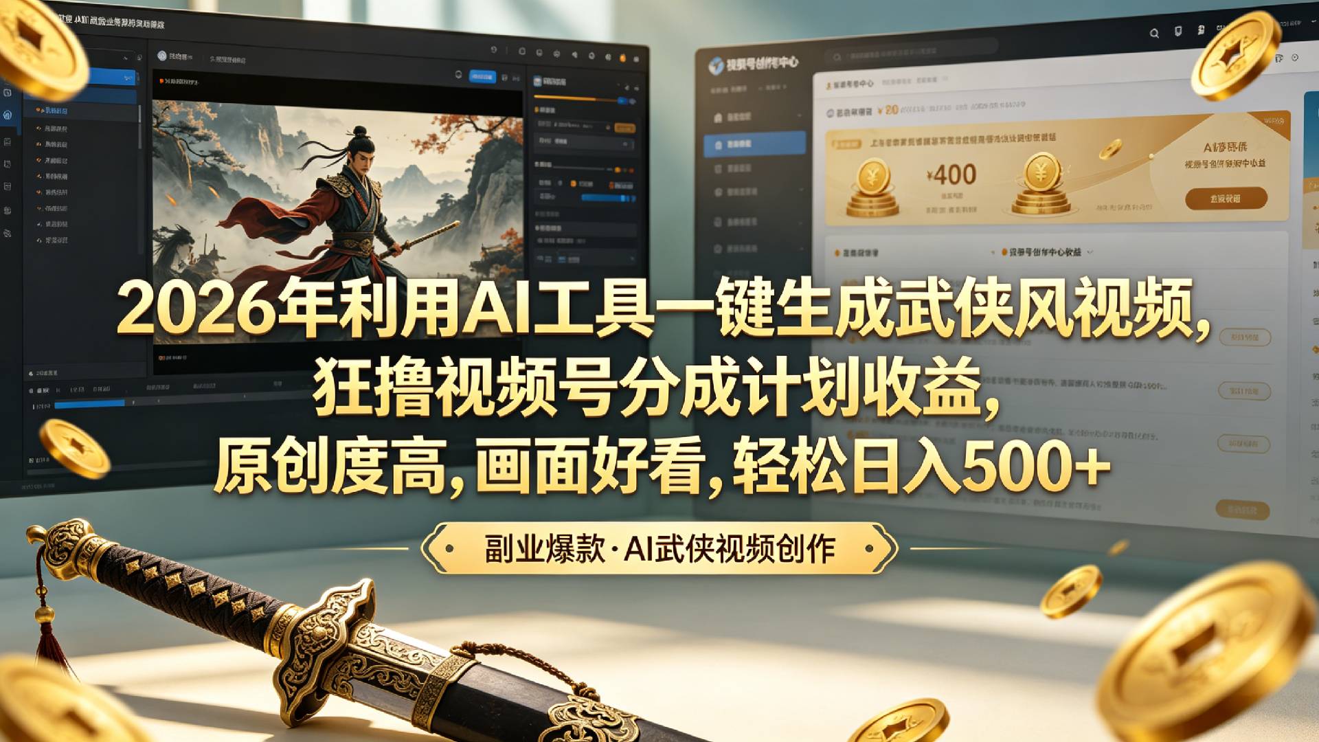 2026年利用AI工具一键生成武侠风视频,狂撸视频号分成计划收益,原创度高,画面好看,轻松日入500+-网赚副业网
