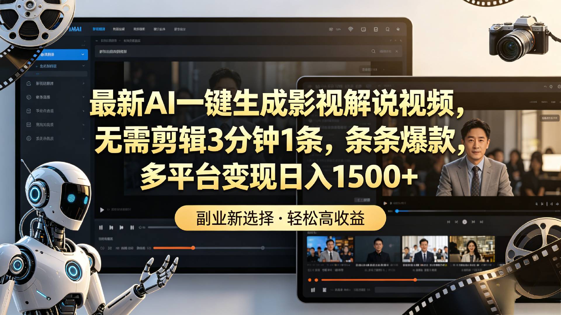 最新AI一键生成影视解说视频,无需剪辑3分钟1条,条条爆款,多平台变现日入1500+-网赚副业网