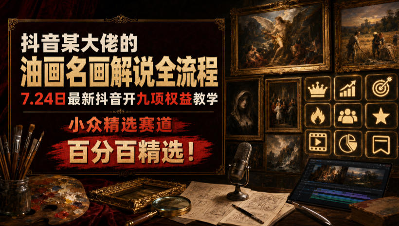 抖音某大佬的油画名画解说全流程，7.24日最新抖音开九项权益教学，小众精选赛道，百分百精选！-网赚副业网