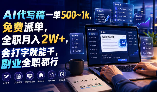 AI代写稿一单500~1k,免费派单,全职月入2W+,会打字就能干,副业全职都行【揭秘】-网赚副业网