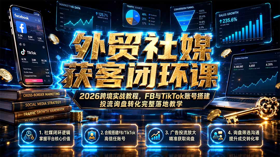 (19611期)外贸社媒获客闭环课|2026跨境实战教程,FB与TikTok账号搭建投流询盘转化完整落地教学-网赚副业网