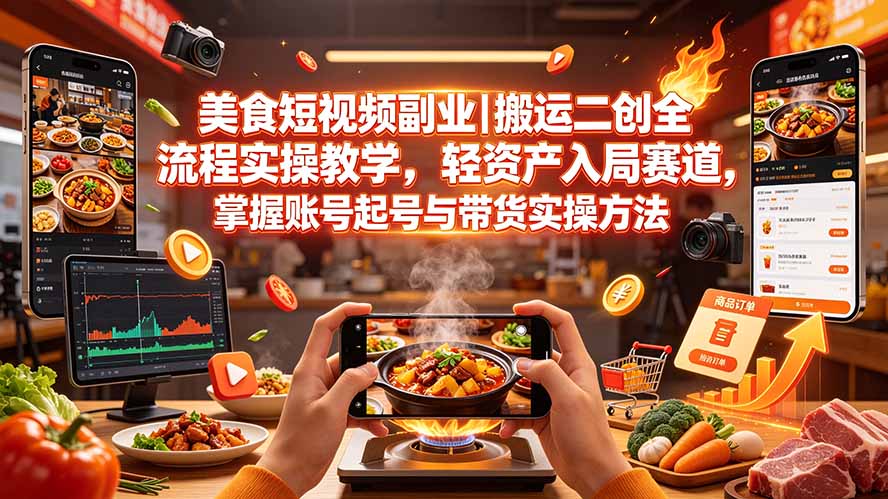 (19535期)美食短视频副业|搬运二创全流程实操教学,轻资产入局赛道,掌握账号起号与带货实操方法-网赚副业网