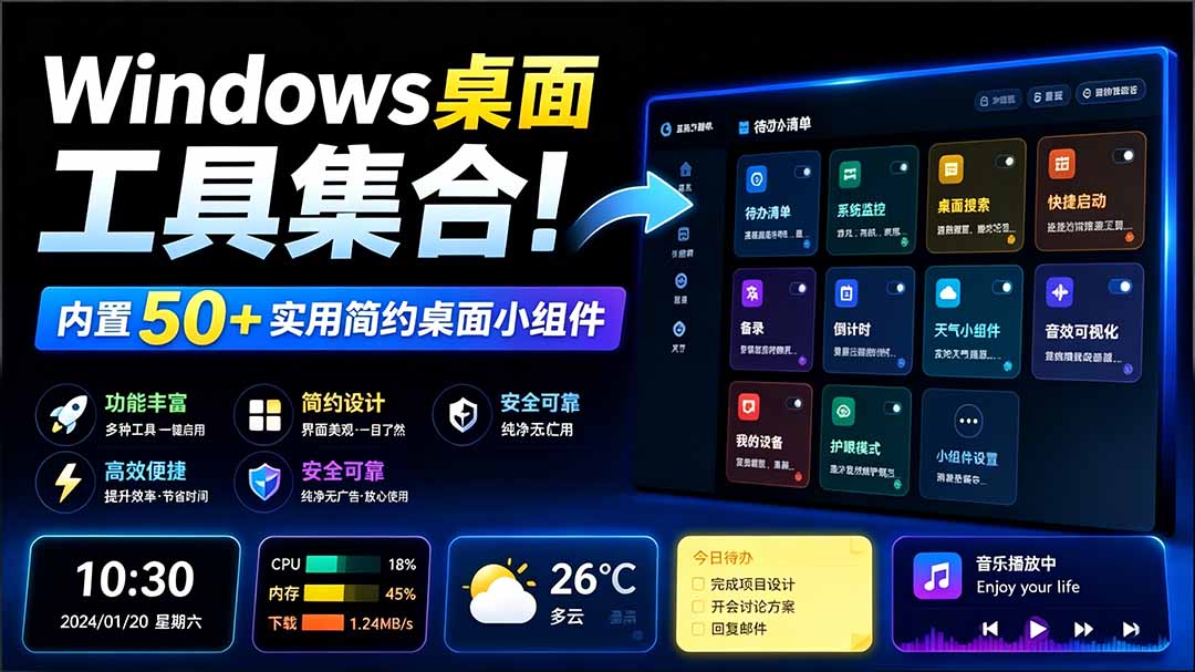 （19585期）Windows桌面工具集合！内置50+实用简约桌面小组件，含截图、录屏、翻译、天气等，多秘工具箱-网赚副业网