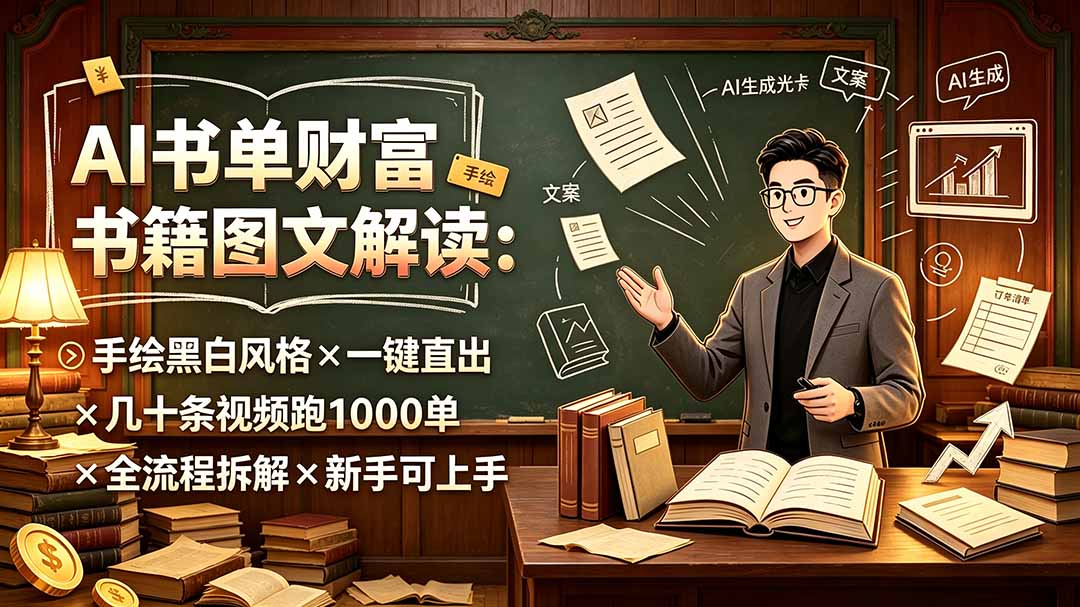 （19515期）AI书单财富书籍图文解读：手绘黑白风格×一键直出×几十条视频跑1000单×全流程拆解×新手可上手-网赚副业网