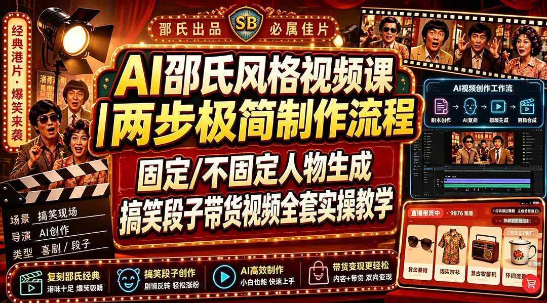 （19602期）AI邵氏风格视频课｜两步极简制作流程，固定/不固定人物生成，搞笑段子带货视频全套实操教学-网赚副业网