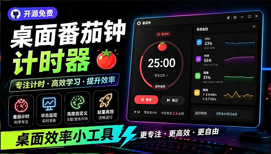 （19564期）仅1.16MB，开源极简的桌面时钟、番茄钟计时器，还支持系统监控显示，桌面效率小工具 Catime-网赚副业网