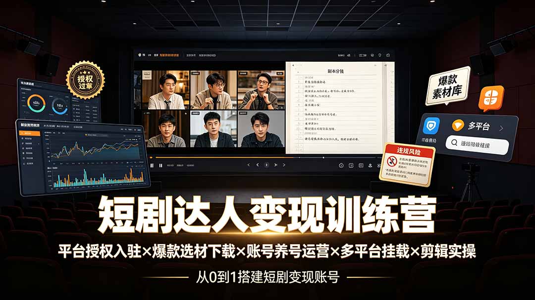 (19551期)短剧达人变现训练营:平台授权入驻×爆款选材下载×账号养号运营×多平台挂载×剪辑实操×违规处理全流程-网赚副业网