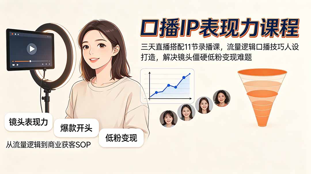 （19604期）口播IP表现力课程｜三天直播搭配11节录播课，流量逻辑口播技巧人设打造，解决镜头僵硬低粉变现难题-网赚副业网
