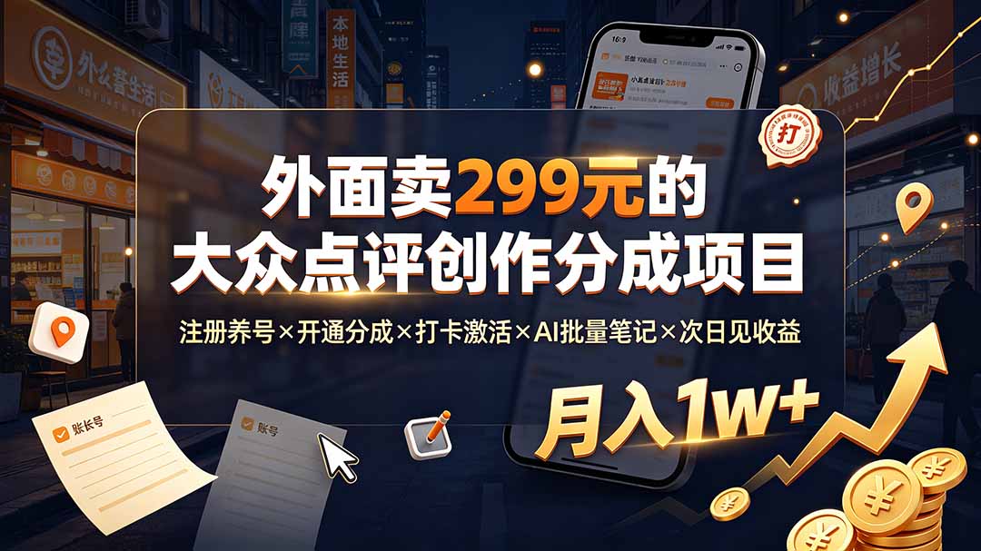 (19488期)外面卖299元的大众点评创作分成项目:注册养号×开通分成×打卡激活×AI批量笔记×次日见收益,月入1w+-网赚副业网