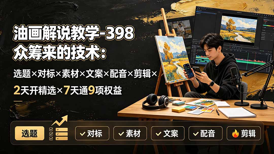 （19587期）油画解说教学-398众筹来的技术-刯新：选题×对标×素材×文案×配音×剪辑×2天开精选×7天通9项权益-网赚副业网