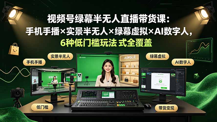 （19271期）视频号绿幕半无人直播带货课：手机手播×实景半无人×绿幕虚拟×AI数字人，6种低门槛玩法全覆盖-网赚副业网