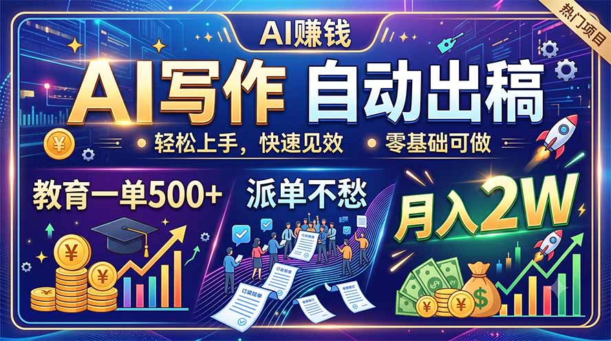 (19614期)AI写作自动出稿,教育一单500+,派单不愁,月入2W-网赚副业网