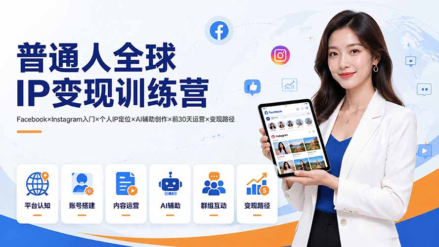 （19568期）普通人全球IP变现训练营：Facebook×Instagram入门×个人IP定位×AI辅助创作×前30天运营×变现路径-网赚副业网