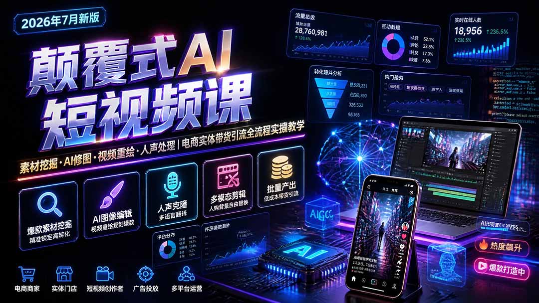 （19630期）颠覆式AI短视频课｜素材挖掘，AI修图，视频重绘，人声处理｜电商实体带货引流全流程实操教学插图1