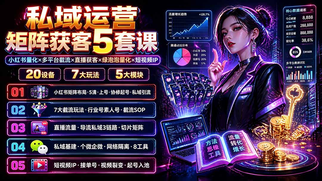 (19617期)私域运营矩阵获客5套课:小红书量化×多平台截流×直播获客×绿泡泡量化×短视频IP×20设备×7大玩法-网赚副业网