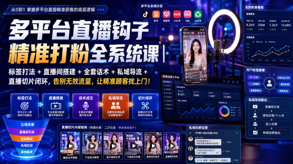 多平台直播钩子精准打粉全系统课｜标签打法+直播间搭建+全套话术+私域导流+直播切片闭环，告别无效流量，让精准顾客找上门！-网赚副业网