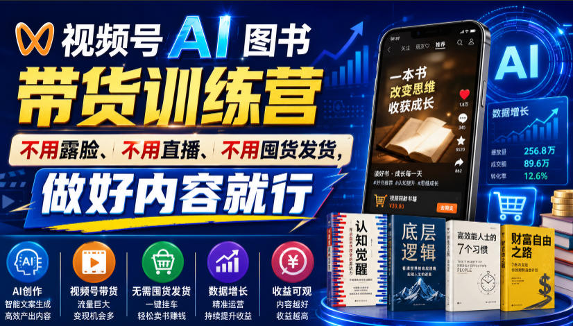 视频号AI图书带货训练营，不用露脸、不用直播、不用囤货发货，做好内容就行，一条爆款视频佣金8942-网赚副业网
