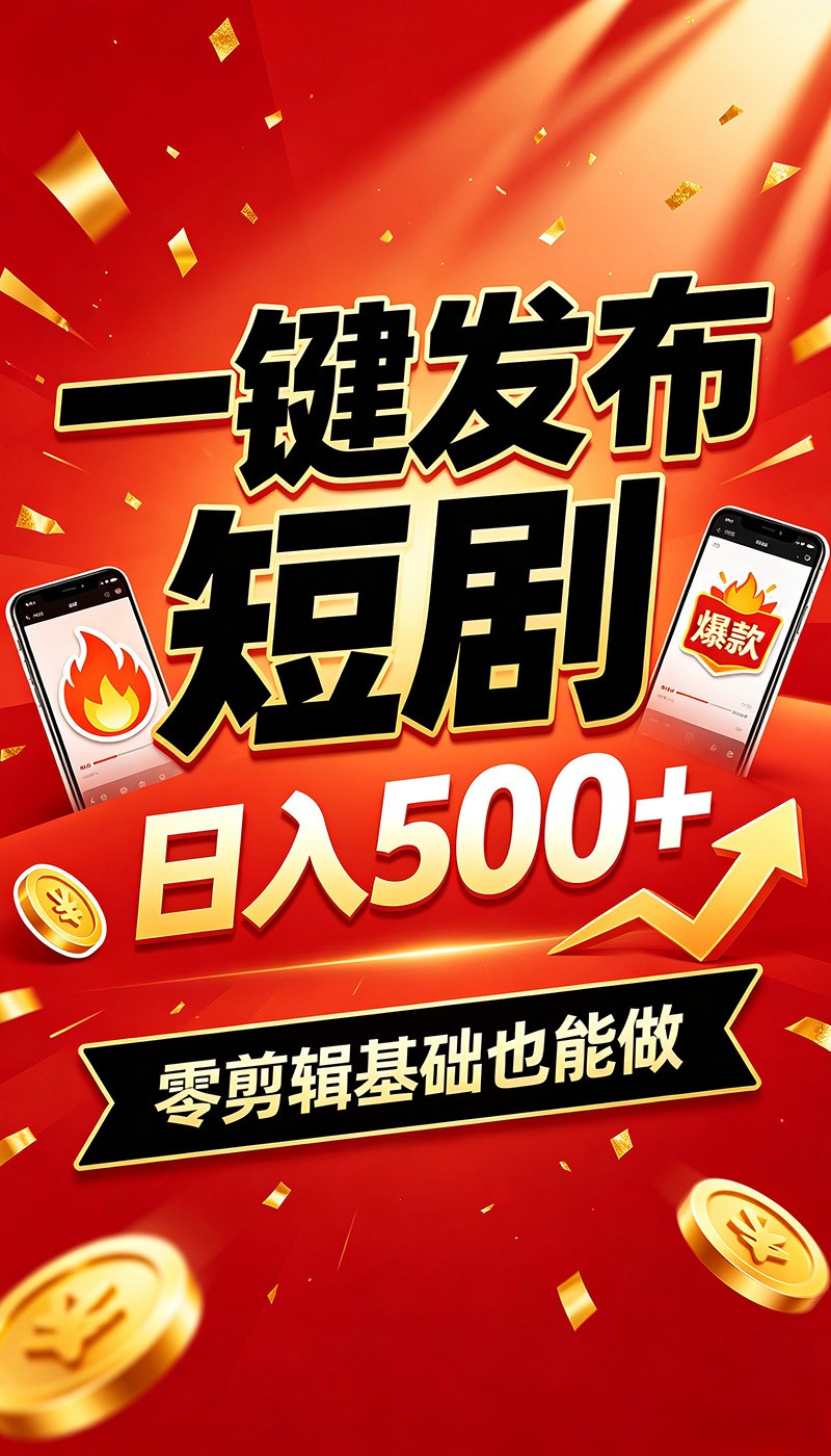 快手短剧一键发布,不用剪辑操作简单,副业日入500+。空闲时间轻松赚收益-网赚副业网