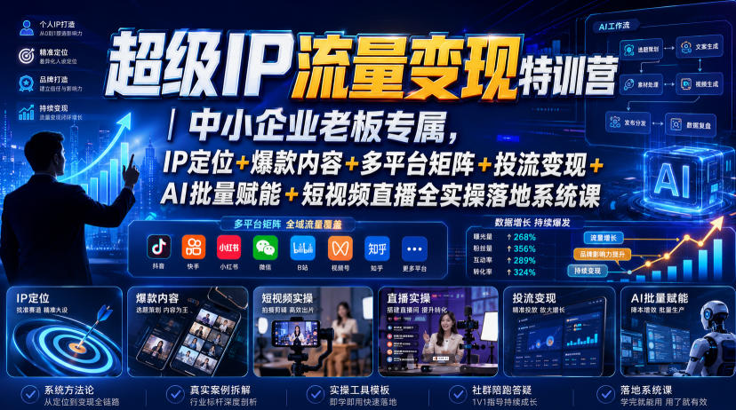 超级IP流量变现特训营｜中小企业老板专属，IP定位+爆款内容+多平台矩阵+投流变现+AI批量赋能+短视频直播全实操落地系统课-网赚副业网