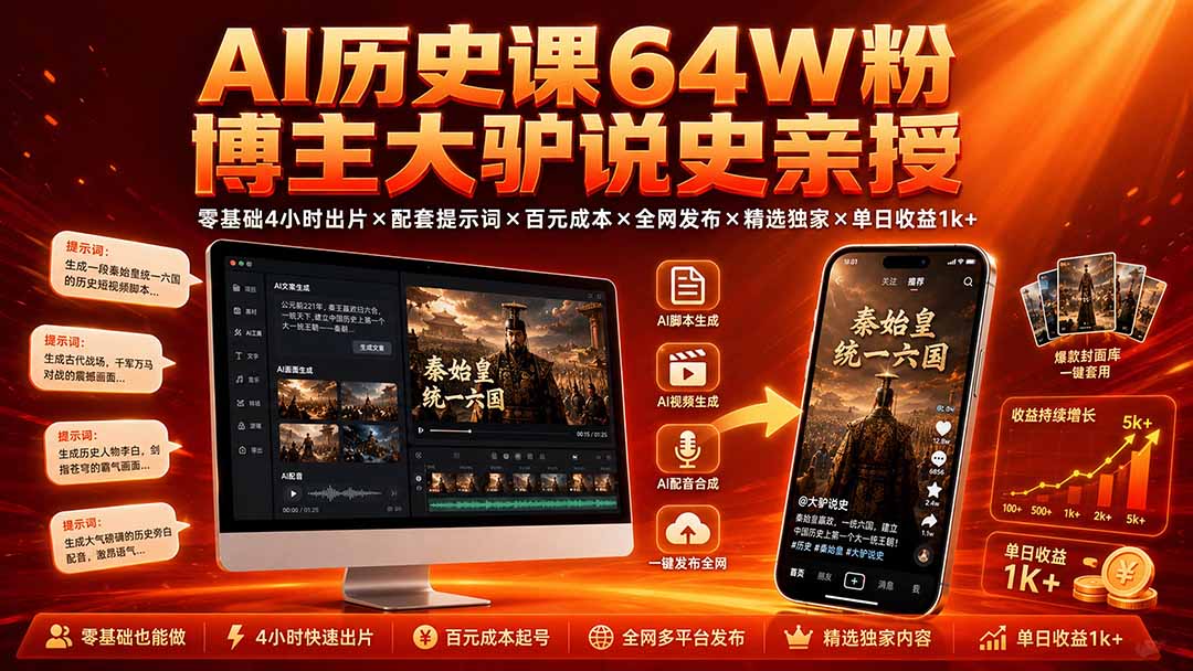 （19557期）AI历史课64W粉博主大驴说史亲授：零基础4小时出片×配套提示词×百元成本×全网发布×精选独家×单日收益1k+-网赚副业网