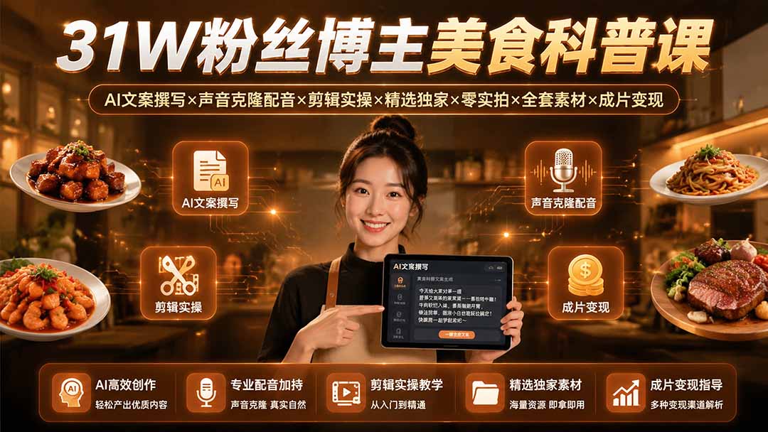 (19558期)31W粉丝博主美食科普课:AI文案撰写×声音克隆配音×剪辑实操×精选独家×零实拍×全套素材×成片变现插图1 (19558期)31W粉丝博主美食科普课:AI文案撰写×声音克隆配音×剪辑实操×精选独家×零实拍×全套素材×成片变现插图1