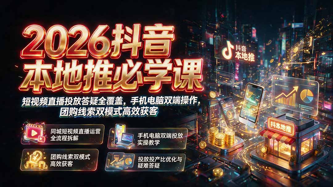 (19618期)2026抖音本地推必学课|短视频直播投放答疑全覆盖,手机电脑双端操作,团购线索双模式高效获客-网赚副业网